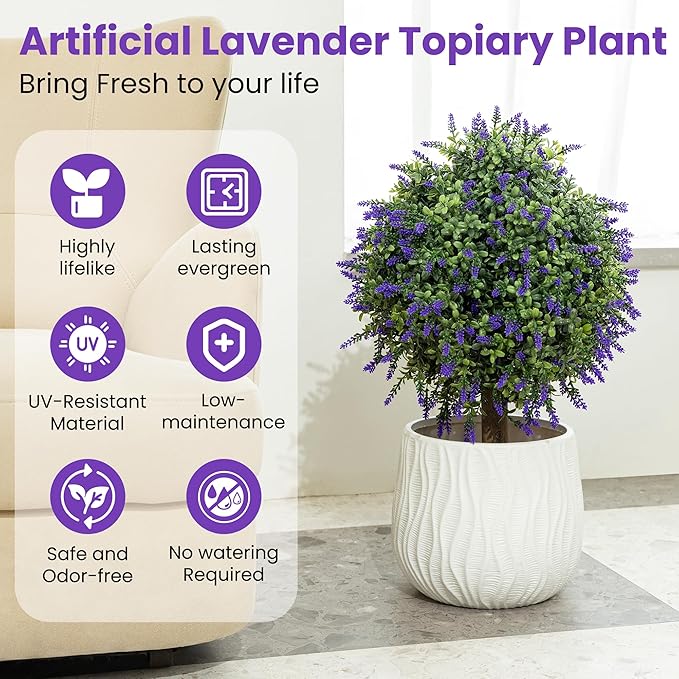 Artificial Lavender Topiary Ball Trees, 2 Pcs 23.6" Faux Lavender Bushes with 4 Ground Spikes, Fake Evergreen Plants for Home, Garden, Yard, Patio, Front Porch Decor
