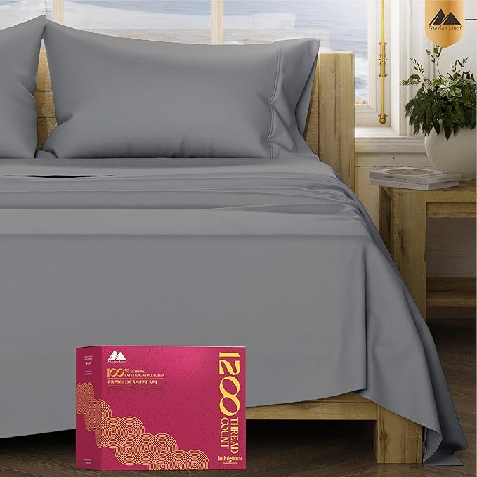 Mayfair Linen 100% Egyptian Cotton Split King Sheets Sets for Adjustable Bed - Luxury 1200 Thread Count Split Top King Sheets (5 PC, Dark Grey), Breathable, Cooling, Sateen Weave 17" Deep Pocket Sheet