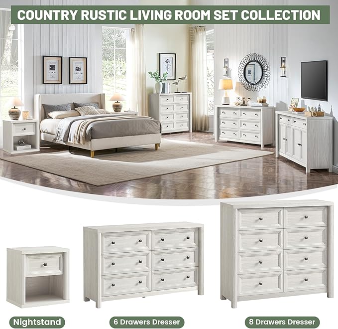 Farmhouse 6 Drawers Dresser for Bedroom, White Dressers, 52" Wide Rustic Wood Chest of Drawers with Natural Texture, Metal Handle, Storage Closet Dressers for Bedroom, Living Room