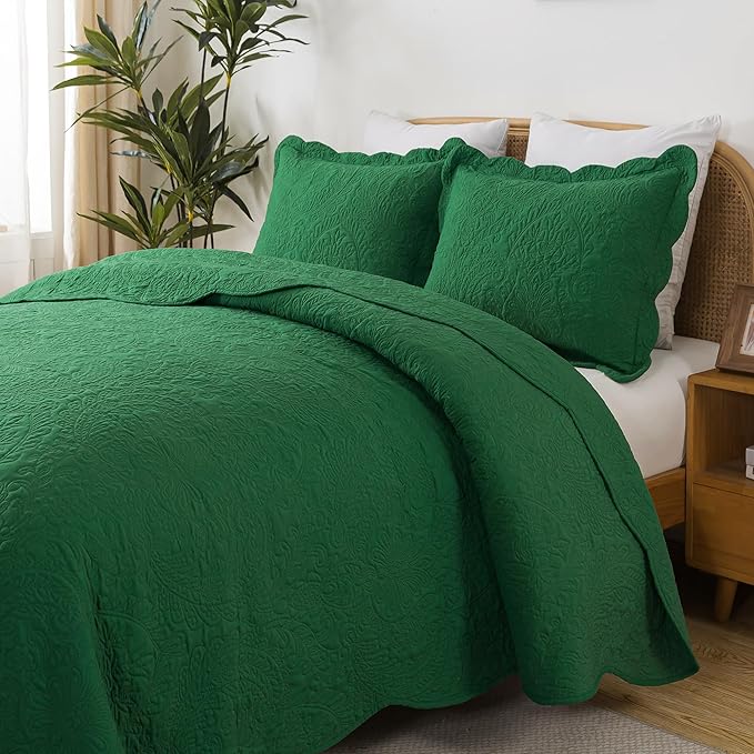 HoneiLife King Size Quilt Sets - 3 Piece Microfiber Quilt Set Lightweight Bedspreads Reversible Coverlets Rustic Bed Cover King Quilt Bedding Set All Season Quilts-Green