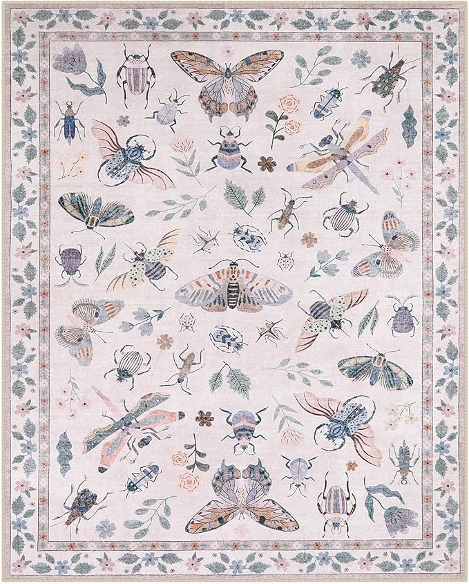 Lahome Insect 9x12 Area Rugs for Living Room Bedroom, Soft Washable Rugs 9x12 Stain Resistant, Ultra-Thin Non-Slip Non-Shedding Accent Carpet for Dining Room Office, Pink