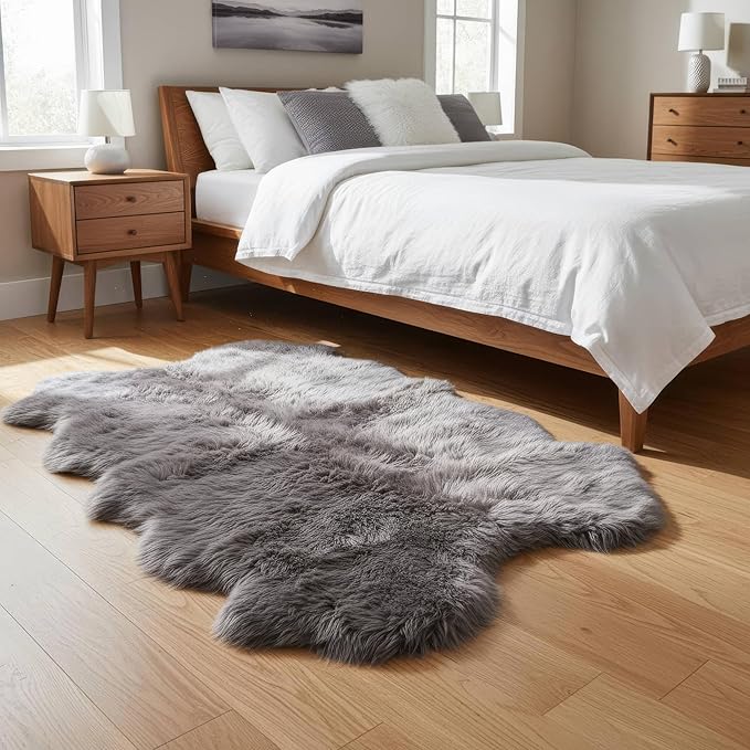 Premium Gray Sheepskin Rug Genuine Quad 4x6ft Pelt Fluffy Fur Rug for Living Room