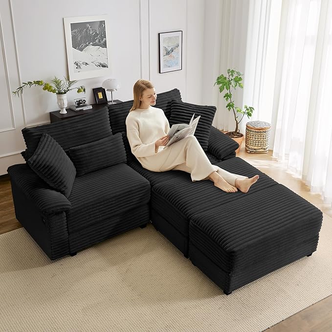 74" Double Chaise Lounge Chair Indoor, Oversized Loveseat with Removeable Ottoman, Corduroy Couch with USB Charging, Storage Ottoman, and Coffee Table Cushions for Living Room (2 Chaise Black)