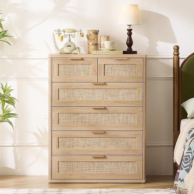 LEYAOYAO Rattan Dresser for Bedroom, 41" Tall Chest of Drawers, Modern 6 Drawers Boho Dressers with Storage, Light Oak Dresser Wooden Closet Organizer for Living Room, Hallway, Natural Wood