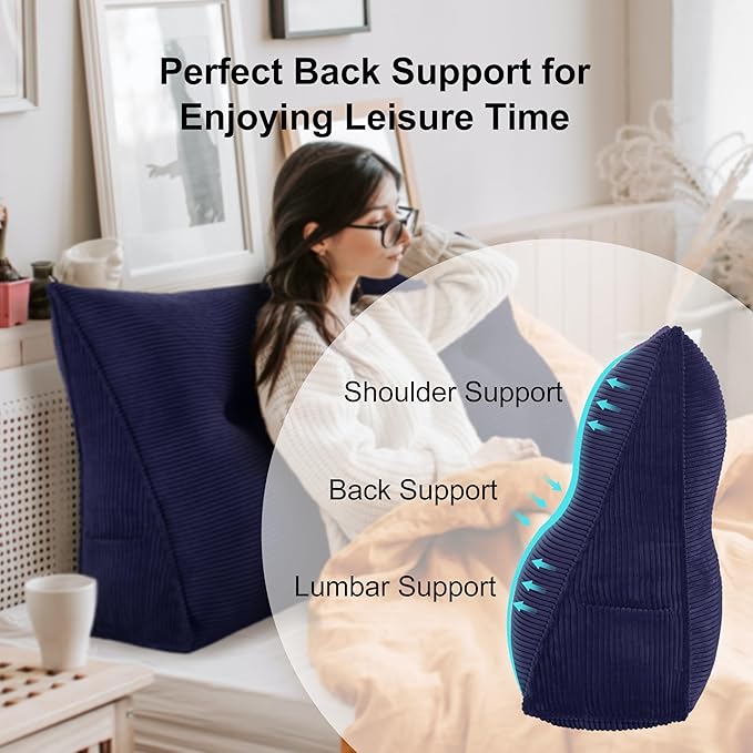 WOWMAX Wedge Pillow Headboard Queen Triangular Headboard Pillow Queen Bed Wedge Pillow for Headboard Bolster Pillow for Bed Daybed Pillows with Removable Cover, Corduroy(100% Cotton), Blue