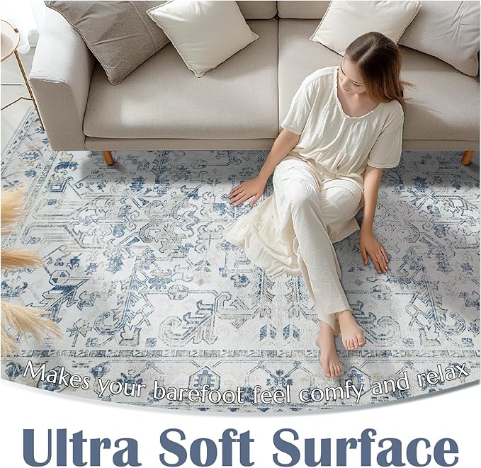 jinchan Lima Hallway Runner Rug 2x10 Washable - Vintage Floral Non Slip Low-Pile Soft Ultra-Thin Faux Wool Kitchen Rug Distressed Carpet Runner for Farmhouse Bedroom Laundry (2x10ft, Blue)