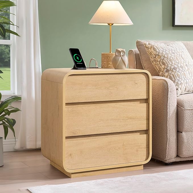Farmhouse Nightstand, 25" Tall Wood Bedside Table with Charging Station, 3 Storage Drawers Side Table, Large End Table Night Stand for Bedroom, Office, Sofa, Curved Profile, Natural