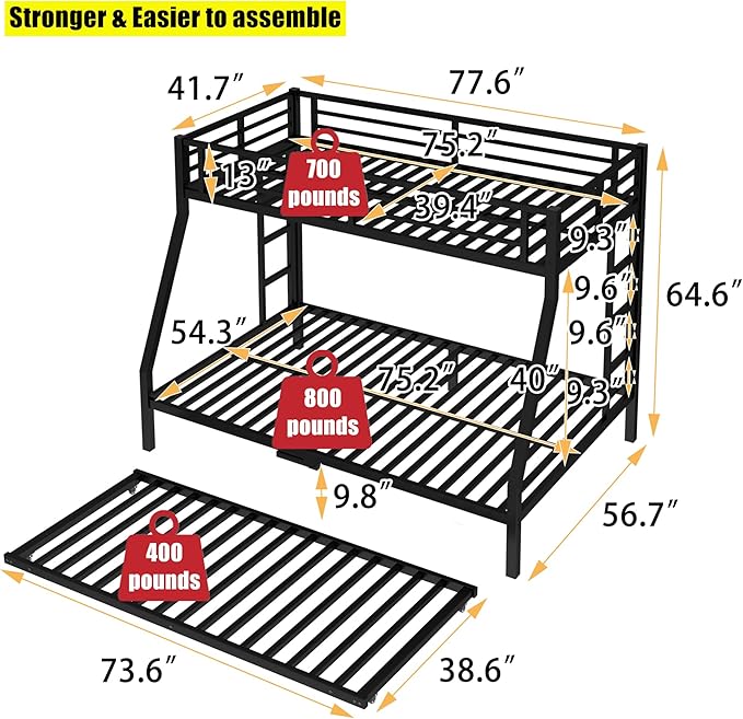 Higher Quality & Stronger Heavy Duty Metal Bunk Bed Frame Twin Over Full Size with Twin Size Trundle for Adults Teens, Thickened More Stable Steel Bunkbed (Twin Over Full with Trundle)
