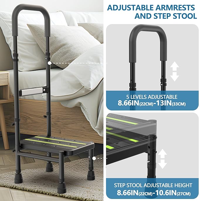 Packve Step Stool with Handle for Elderly, Adjustable Handrail & Leg, Sensor Light, Medical Stepping Stools for High Bed Mobility & Daily Living Aids, Bedside Car Stair Lift for Senior Adults 350lbs