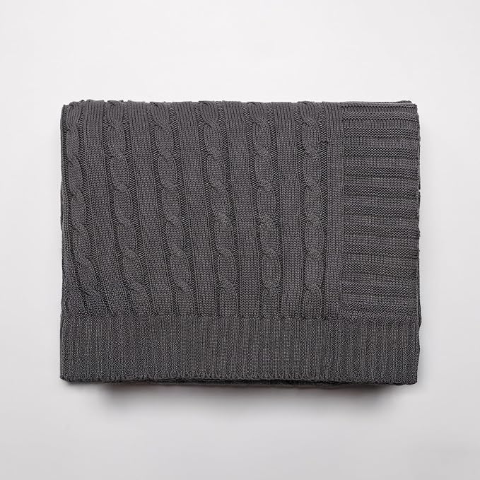 100% Cotton Cable-Knit Throw Blanket: 60" x 70", Ultra Soft, Breathable, All-Season Comfort & Versatility, Ideal for Couch, Bed, Travel and Gifting (Grey)