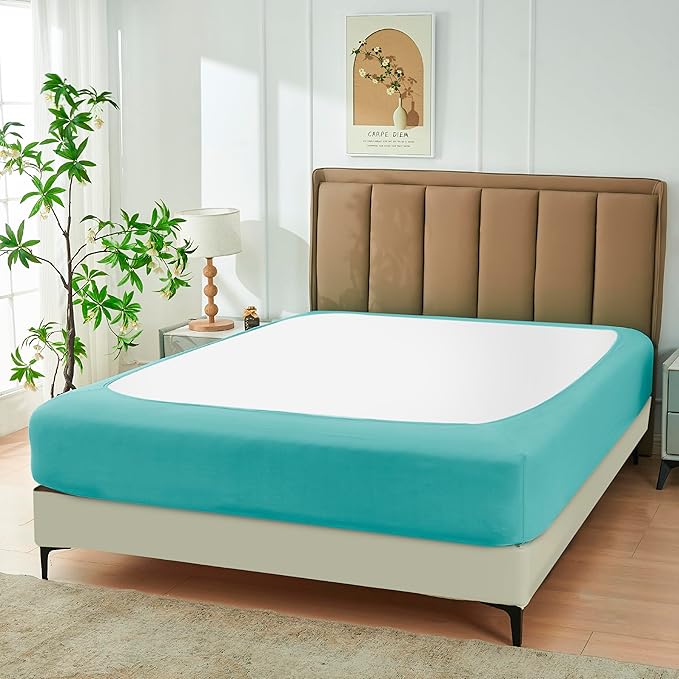 Biscaynebay Decorative Box Spring Cover Full & Full XL Size, Aqua Luxurious Jersey Knitting Stretchy Wrap Around 4 Sides Bed Skirt for Home/Hotels, Easy Fit Wrinkle & Fade Free Machine Washable