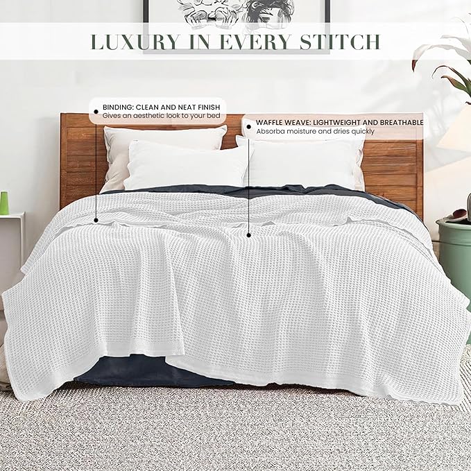 Salt Earth 100% Cotton Throw Blanket, Queen, 90"X92" Waffle Throws for Home, Bedrooms, Outdoor and Office Couch, Modern & Cozy Room Decor Blankets, Lightweight, All Season Western Blanket(White)