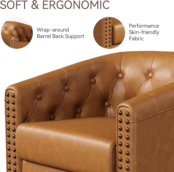 Swivel Barrel Accent Chair,Round Nailhead Faux Leather Living Room Arm Chairs,Modern Upholstered Comfty Reading Nook Chairs for Bedroom,Small Club Armchair,Single Sofa Side Chair,Caramel Brown