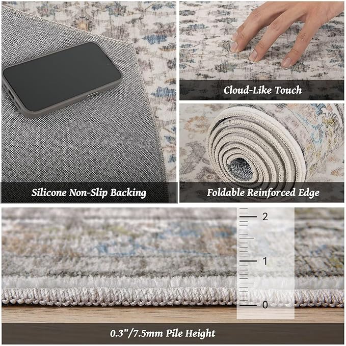 Washable 2x3 Entryway Rug, Boho Non-Slip Door Mat Vintage Distress Small Rugs for Kitchen Nursery Office Bedroom, 0.3" Neutral Oriental Throw Carpet with Cushioning Pad, Cream/Blue/Orange/Multi