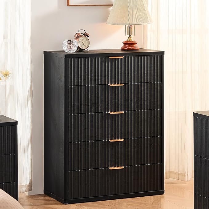 LEYAOYAO Fluted 5 Drawers Dresser Set of 2, 41" Tall Modern Chest of Drawers with Metal Handle, Curved Profile Dresser TV Stand, Wooden Drawer Organizer for Bedroom, Living Room, Hallway, Lightgrey