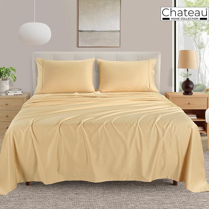 CHATEAU HOME COLLECTION 400 Thread Count Cotton Bed Sheets King Size, 15" Deep Pocket King Sheet Set, 4 Piece Naturally Cool Soft Sateen Weave Machine Washable Fully Elasticated- Semolina