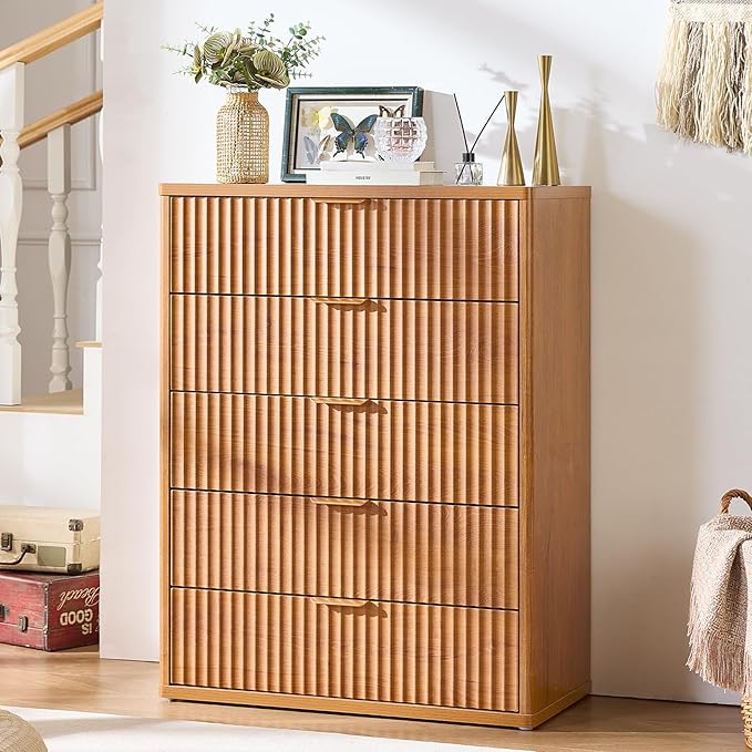 LEYAOYAO Fluted 5 Drawers Dresser Set of 2, 41" Tall Modern Chest of Drawers with Metal Handle, Curved Profile Dresser TV Stand, Wooden Drawer Organizer for Bedroom, Living Room, Hallway, Lightgrey