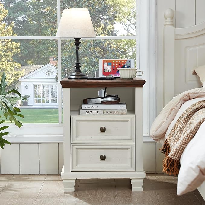 SAVOR LIFE Farmhouse Side Table with Charging Station, Antique Nightstands with Drawers, Bedside Table with Open Shelf for Bedroom, White