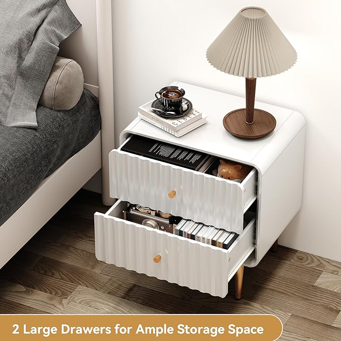 HLR Modern Nightstand Set of 2, Fluted Bed Side Table with 2 Drawers Storage, Wood End Table with Gold Metal Handle, White Night Stands for Bedroom
