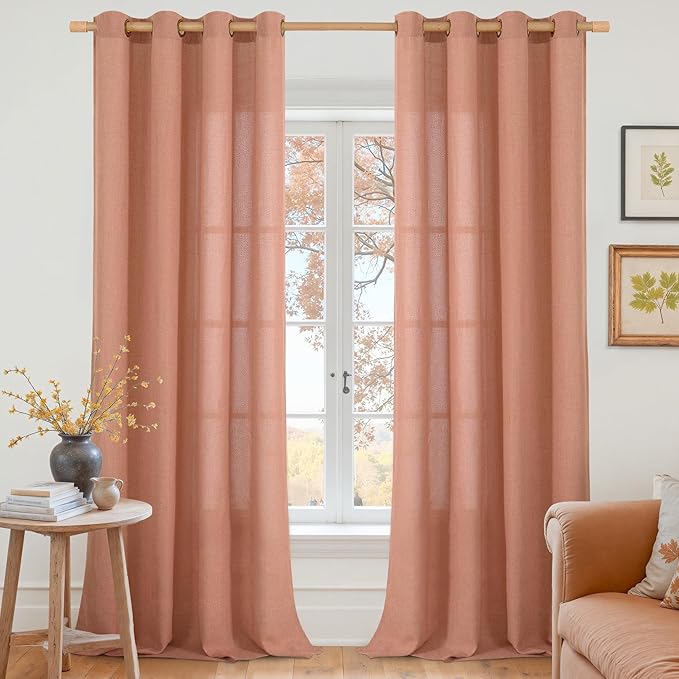 YoungsTex Terracotta Linen Curtains 90 Inch Length for Living Room, Burnt Orange Light Filtering Drapes Semi Sheer with Bronze Grommet Privacy for Bedroom, 52 x 90 Inch, 2 Panels