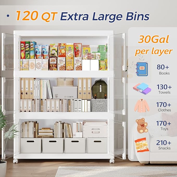 150GAL Large Stackable Storage Bins with Lid and Wheels, 600Qt Collapsible Organizer Cabinet with Clear Door, for Closet, Bedroom, Kitchen, Garage, 5-Pack White