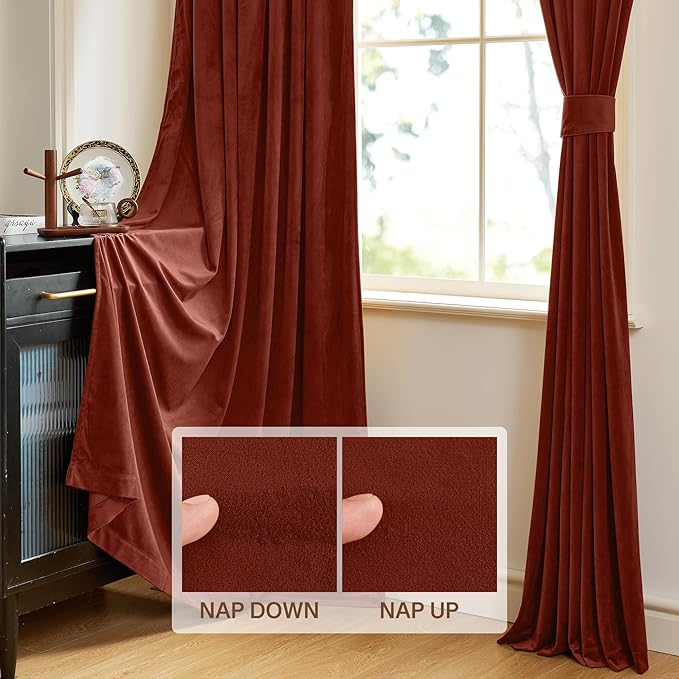 StangH Rust Velvet Curtains 108 inches Long, Light Blocking Energy Saving Window Panels Privacy Room Divider Drapes for Guest/Dining Room/Closet, W52 x L108, 2 Panels