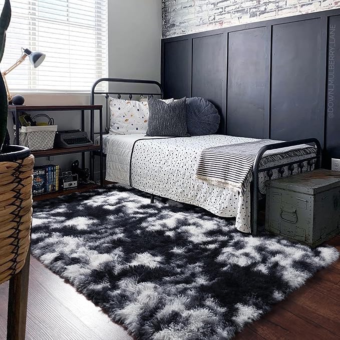PAGISOFE Black White Grey Bedroom Rugs 4x6 Ft, Soft Fluffy Fuzzy Plush Indoor Floor Area Rug for Living Room Kids Room Playroom Dorm Home Office Nursery Men Boys Rooms Decor Carpet Aesthetic