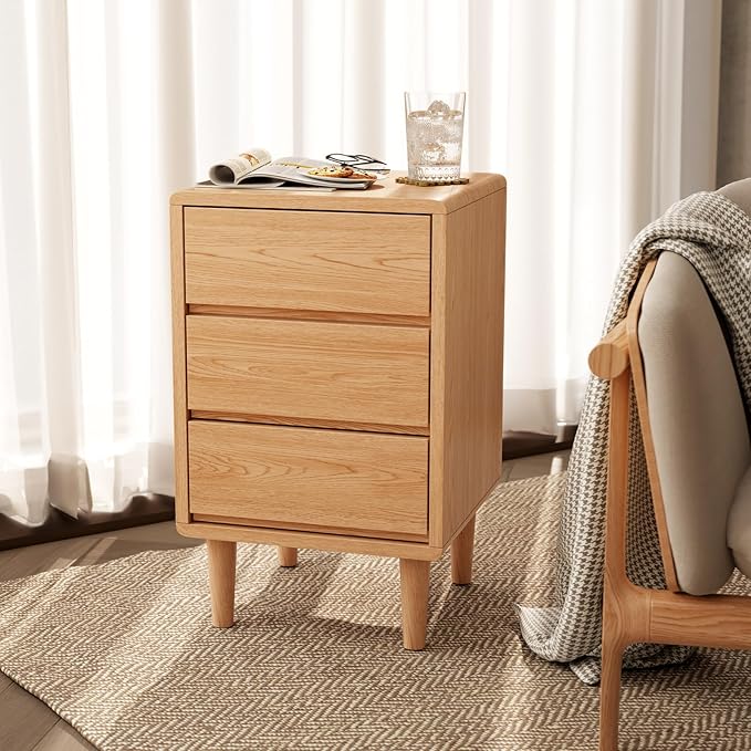 Tall Nightstand Natural Night Stand with 3 Drawers Mid Century Modern Nightstand with Storage,Solid Wood Night Stand,Small Bedside Table for Bedroom,Living Room,Office,Natural Bedside Table