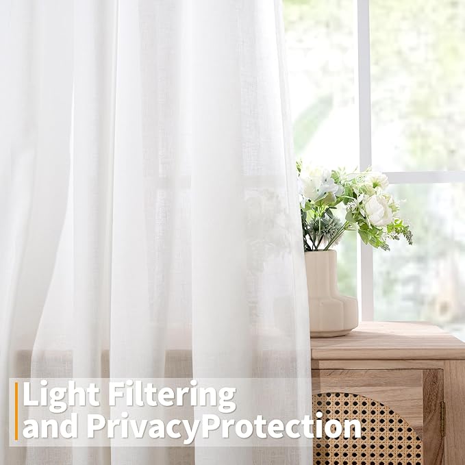 YoungsTex White Linen Curtains 40 Inches Length for Short Window, Light Filtering Drapes Semi Sheer with Grommet Lightweight for Bathroom Kitchen Window Over Sink, 2 Panels, 42 X 40 Inch