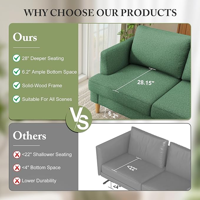 Loveseat Sofa 56", Small Couches for Small Spaces Love Seat with 2-Seat Upholstered Cushion, Mid Century Modern Sofa Couches for Living Room, Deep Couch for Bedroom, Apartment, Green