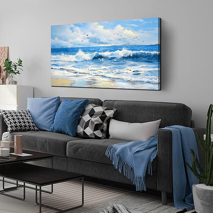 ENTANUB Ocean Wall Art for Bedroom, Sea Wave Wall-Decor for Living Room, Blue Picture Print, Size 48x24 Inches