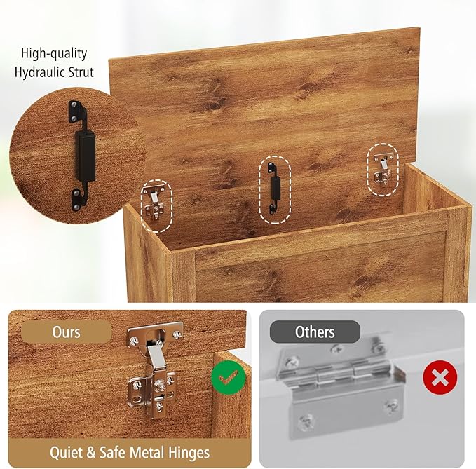 LOKO 35.5” Storage Chest, Lift Top Storage Box with Metal Hinges, Wooden Storage Bench with Safety Hydraulic Strut, Large Farmhouse Storage Trunk for Living Room, Bedroom, Entryway(Oak)