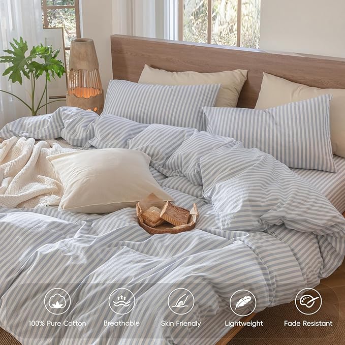 MooMee Striped Duvet Cover Set 100% Washed Cotton Linen Like Textured Breathable Durable Soft Comfy (Cornflower Blue White Classic Stripes, Full 80"x90")