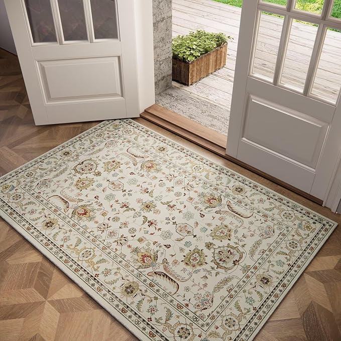 Washable 3x5 Entryway Rug, Boho Non-Slip Vintage Distress Small Rugs for Kitchen Nursery Office Bedroom, 0.3" Neutral Oriental Throw Thin Carpet with Cushioning Pad, Beige/Rust/Green/Multi