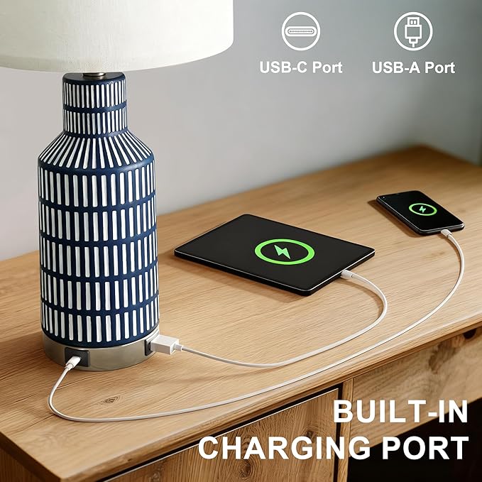 25" Modern 3-Way Dimmable Touch Control with USB A+C Ceramic Lamps Set of 2 Table Lamp for Living Room Bedroom Farmhouse Nightstand Bedside Blue