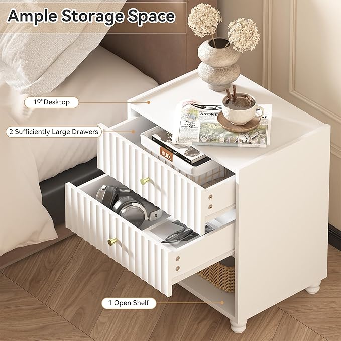 Modern Nightstand, Fluted End Table with 2 Drawers, Nightstand with Open Shelf for Bedroom (2, White)