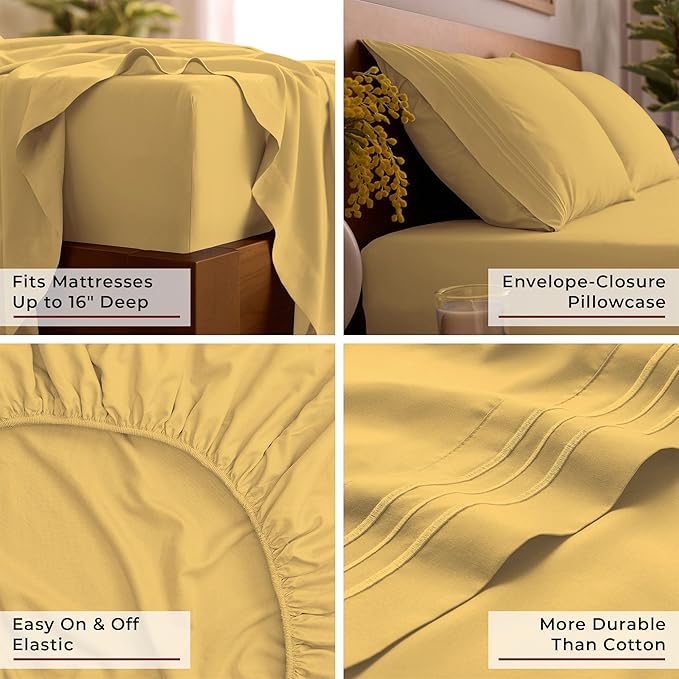 Mellanni Full Sheet Set - 6-Piece Iconic Collection Bedding, (Including 4 Pillowcases), 16-Inch Deep Pocket, Easy Care, Extra Soft, Cooling Sheets, Brushed Microfiber - Yellow