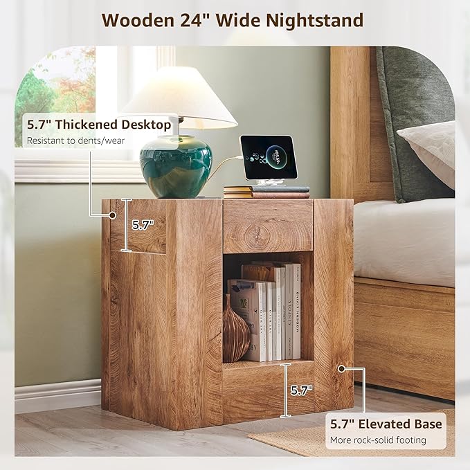 OKD 24" Modern Nightstand with Charging Station, Large Wood Bedside Table w/Hidden Drawers & Open Storage Shelf, Rustic End Table for Bedroom,Living Room,Light Tree Knot