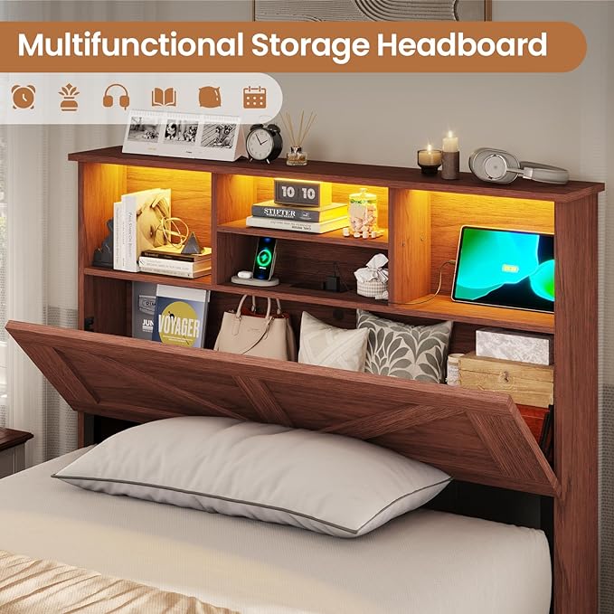 VIAGDO Farmhouse Bed Frame Twin Size with Bookcase Storage Headboard, Charging Station and LED Lights, Wooden Twin Bed Frames with 4 Drawers, Barn Door Design, No Box Spring Needed, Reddish Brown