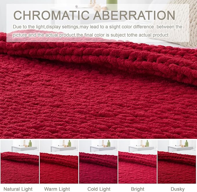 Chunky Knit Throw Blanket 50"X 60", 100% Handmade with Soft Chenille Yarn, 4.4lbs Thick Cable Knitted Blankets, Large Rope Knot Crochet Throws for Couch Sofa Bed Home Decor, Red
