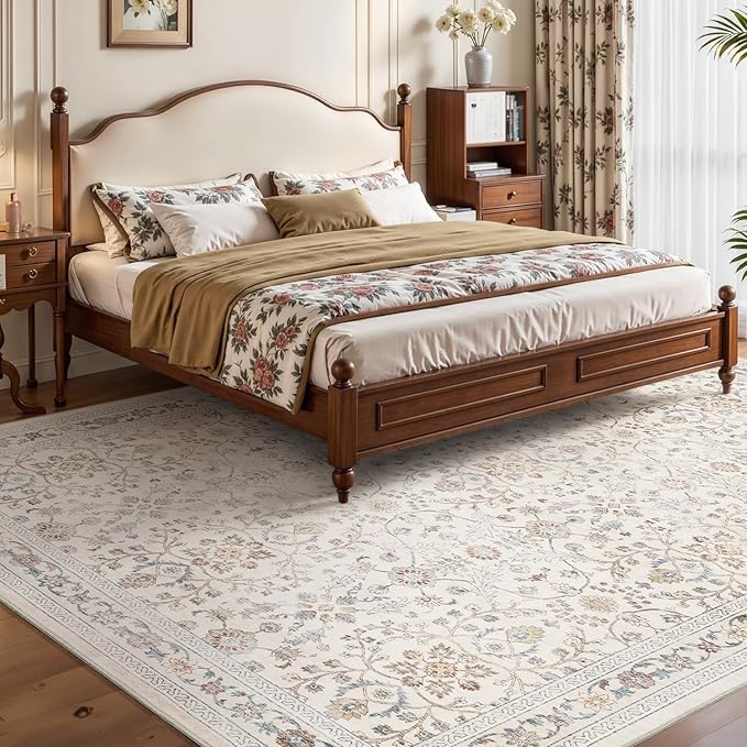 MontVoo-Vintage Area Rug 3x5 Beige Rugs for Living Room-Soft Distressed Printed Rugs for Bedroom-Non Slip Carpet-Machine Washable Rug for Dining Room Living Room Bedside Office