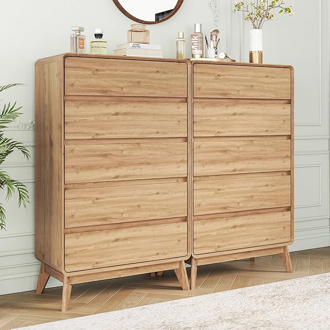 50" Tall Dresser for Bedroom, Vertical Dressers with 5 Drawers and Curved Profile Handleless Design, Chest of Drawers with Natural Texture for Living Room, Hallway and Entryway,Walnut