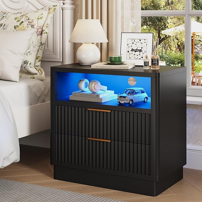 ELYKEN 24" Fluted Nightstands Set of 2, LED Night Stand with Charging Station, 2 Pack Bedside Table End Table with 2 Drawers and Shelf for Bedroom Living Room, Black
