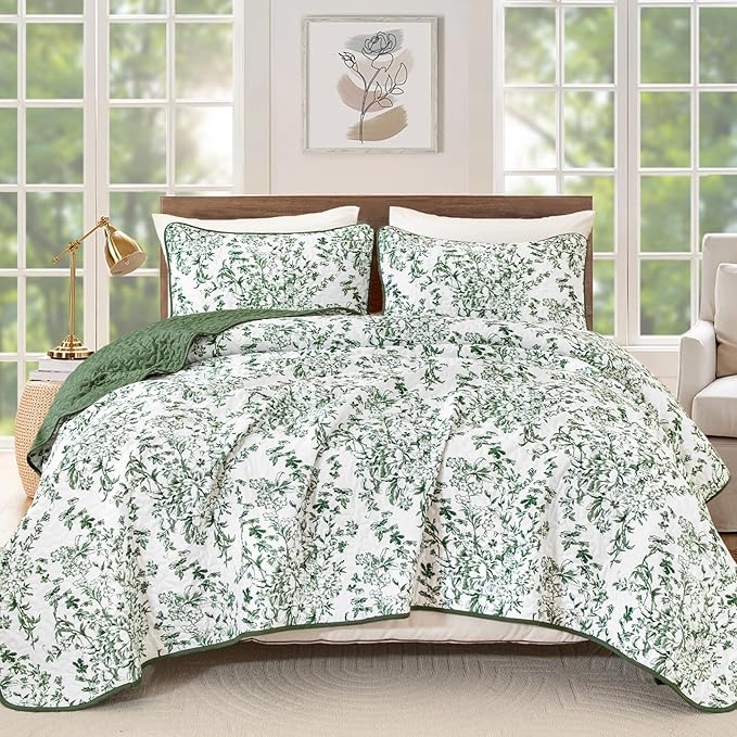 WONGS BEDDING Quilt Queen Size, Green Quilt Bedding Set with 2 Pillowcases, Botanical Quilts for Queen Bed, Soft Microfiber Lightweight Coverlet Bedspread for All Season (96"×90", 3 Pieces)