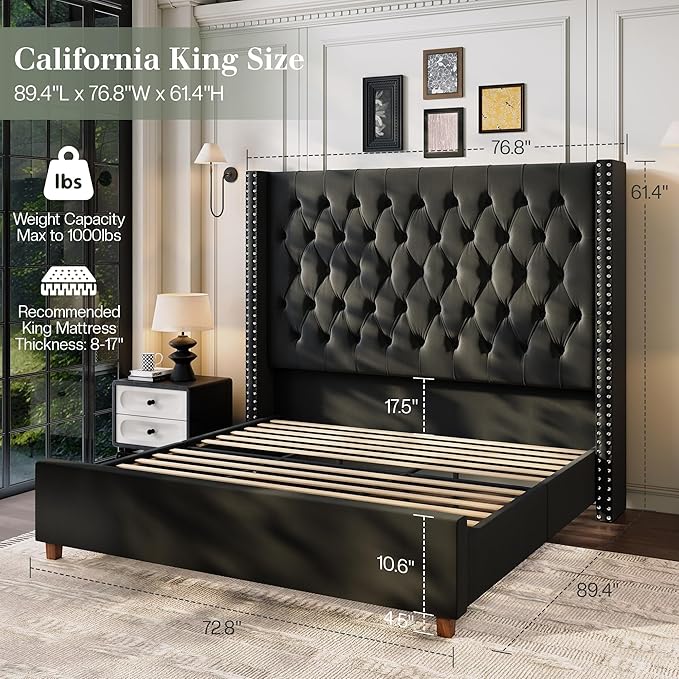 Jocisland California King Bed Frame with 61.4" Tall Wingback Headboard, Velvet Upholstered Platform Bed, Handcrafted Pleats& Deep Button Tufted, Solid Wood Legs, No Box Spring Required, Black