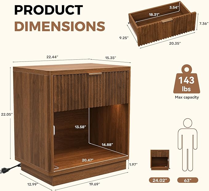 Miereirl Fluted Nightstand with Charging Station, Wood Mid Century Modern Night Stands Storage Cabinet for Bedside Table with Metal Handle Drawers, Walnut Oak