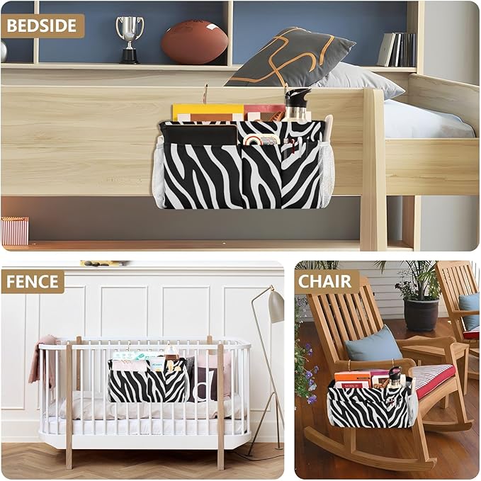 Bedside Caddy Hanging Bunk Bed Caddy Bed Organizer Hanging Pocket with 2 Hooks Bedside Storage Organizer Pocket Bag Holder White Black Zebra Print