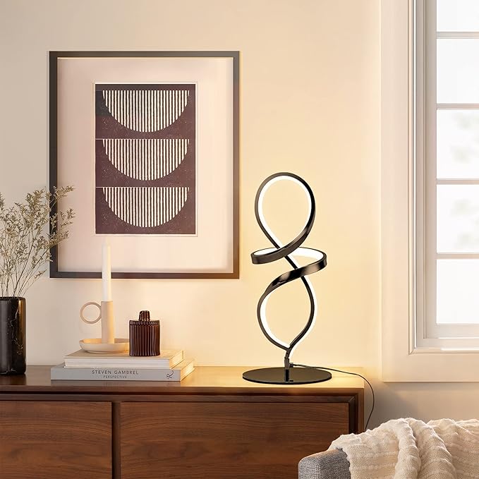 Mayful Modern Lamp with LED Spiral Design, Bedside Lamp with Stepless Dimming Switch, Contemporary Nightstand & Black Table Lamp for Bedroom, Living Room, Home Office, 12W 3200K Warm White,2 Pack