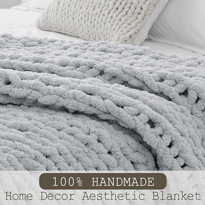 Chunky Knit Throw Blanket 50"X 60", 100% Handmade with Soft Chenille Yarn, 4.4lbs Thick Cable Knitted Blankets, Large Rope Knot Crochet Throws for Couch Sofa Bed Home Decor, Light Grey