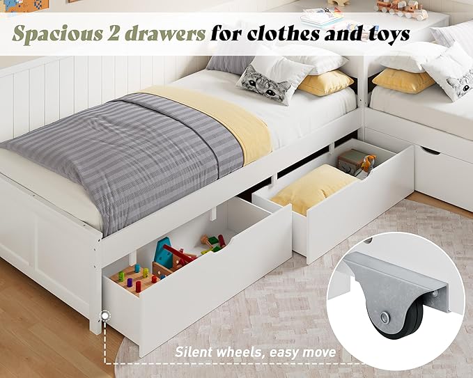 AMERLIFE L-Shaped Twin Trundle Bed with Flip-Top Storage Desk, Space-Saving Solid Wood Platform Bed Frame, White Finish, Multi-Functional Twin Bed for Kids and Families